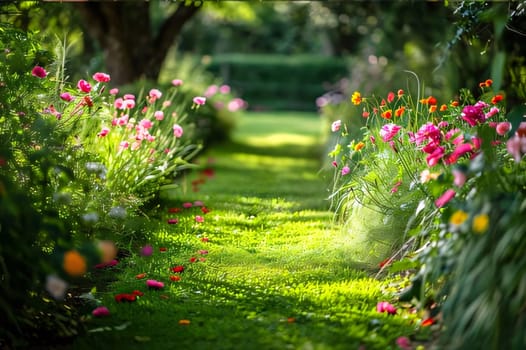 Path between beds of colorful flowers green with green grass in the garden. Flowering flowers, a symbol of spring, new life. A joyful time of nature waking up to life.