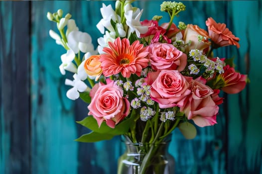 Bouquet of roses, flowers in a glass vase on a wooden background. Flowering flowers, a symbol of spring, new life. A joyful time of nature waking up to life.