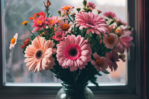 A bouquet of flowers in a glass vase on the background of a window. Flowering flowers, a symbol of spring, new life. A joyful time of nature waking up to life.