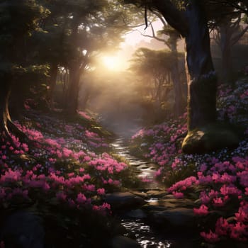 View of a small stream in the forest around pink flowers, trees, setting sun. Flowering flowers, a symbol of spring, new life. A joyful time of nature waking up to life.