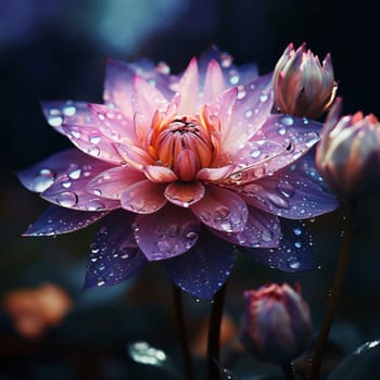 Purple water lily with drops of water, rain, dew on a dark background, flower buds. Flowering flowers, a symbol of spring, new life. A joyful time of nature waking up to life.