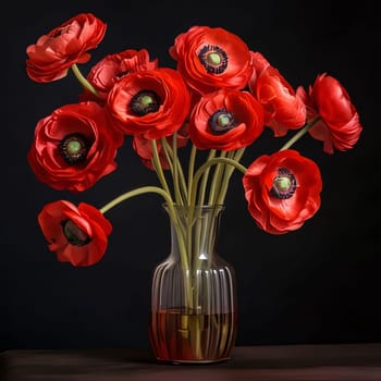 Bouquet of red flowers in a vase on a dark background. Flowering flowers, a symbol of spring, new life. A joyful time of nature waking up to life.