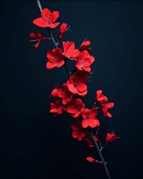 Red flower petals on a branch on a dark background. Flowering flowers, a symbol of spring, new life. A joyful time of nature waking up to life.