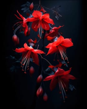 Red petal flowers with buds on a dark background. Flowering flowers, a symbol of spring, new life. A joyful time of nature waking up to life.