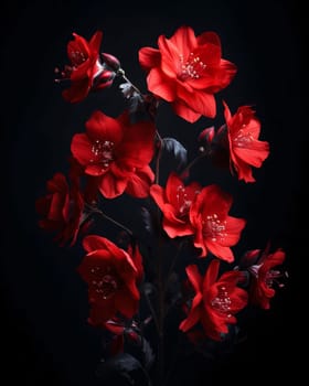 Red petal flowers with buds on a dark background. Flowering flowers, a symbol of spring, new life. A joyful time of nature waking up to life.