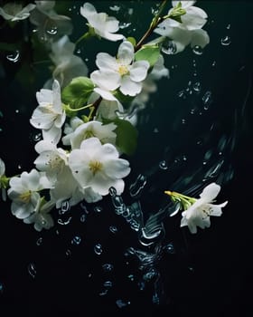 White flowers with green leaves raindrops on a dark background. Flowering flowers, a symbol of spring, new life. A joyful time of nature waking up to life.