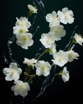 White flowers with green leaves raindrops on a dark background. Flowering flowers, a symbol of spring, new life. A joyful time of nature waking up to life.