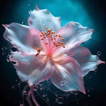 Bright flower, drops of water, rain on a dark background. Flowering flowers, a symbol of spring, new life. A joyful time of nature waking up to life.