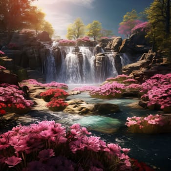 Waterfall and pink and red flower clusters growing around, landscape. Flowering flowers, a symbol of spring, new life. A joyful time of nature waking up to life.