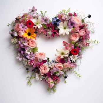 A heart formed of colorful flowers on a bright white background. Flowering flowers, a symbol of spring, new life. A joyful time of nature waking up to life.