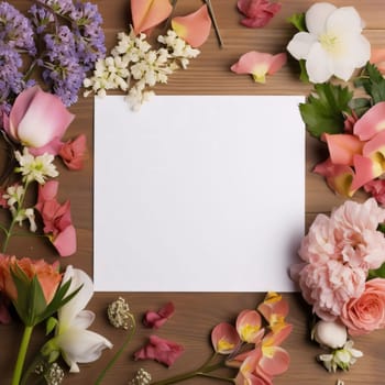 White blank sheet on a wooden table top around scattered colorful flowers. Space for your own content. Flowering flowers, a symbol of spring, new life. A joyful time of nature waking up to life.