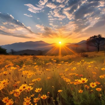 Field of yellow flowers in a clearing at sunset over the mountains overcast sky. Flowering flowers, a symbol of spring, new life. A joyful time of nature waking up to life.