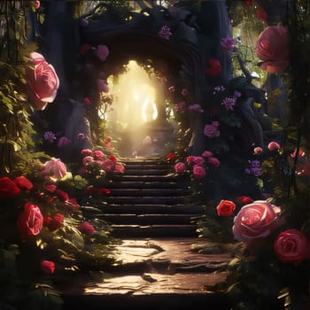 The stairs and the road, the path in the rose garden, the sun's rays falling. Flowering flowers, a symbol of spring, new life. A joyful time of nature waking up to life.