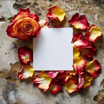 White blank sheet on marble around scattered red and white rose petals. Places for their own content. Flowering flowers, a symbol of spring, new life. A joyful time of nature waking up to life.