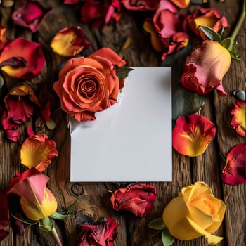 White blank card on wood around scattered red and white rose petals. Places for their own content. Flowering flowers, a symbol of spring, new life. A joyful time of nature waking up to life.