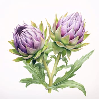 Illustration of purple buds and green stems, leaves on white isolated background. Flowering flowers, a symbol of spring, new life. A joyful time of nature waking up to life.