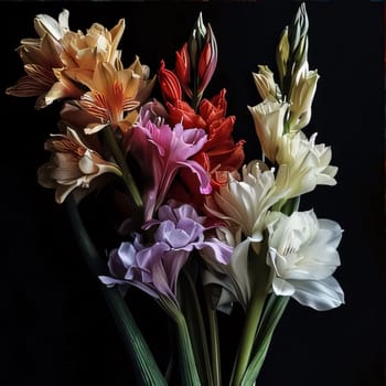 Bouquet of colorful lilies on a black background of green stems. Flowering flowers, a symbol of spring, new life. A joyful time of nature waking up to life.