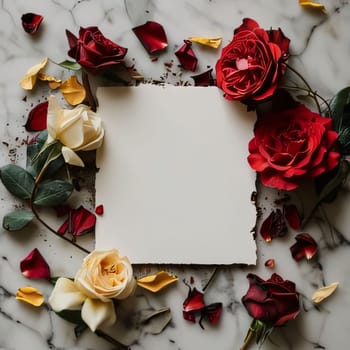 White blank sheet on marble around scattered red and white rose petals. Places for their own content. Flowering flowers, a symbol of spring, new life. A joyful time of nature waking up to life.