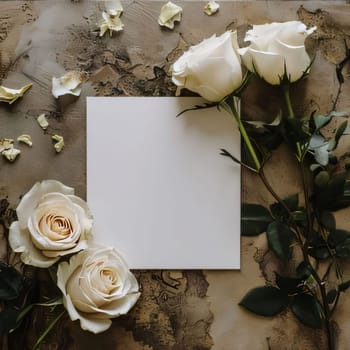 White blank card on a marble background around white roses flowers. Places on their own content. Flowering flowers, a symbol of spring, new life. A joyful time of nature waking up to life.