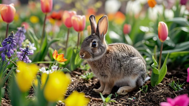 A small gray bunny on the ground around red tulips and lavender. Flowering flowers, a symbol of spring, new life. A joyful time of nature waking up to life.