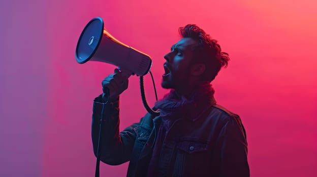 A musician is holding a purple public address system in front of a violet background, ready to entertain with music. The artist is equipped with audio equipment in preparation for a performance