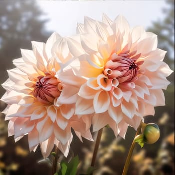 White dahlia flowers in the garden. Flowering flowers, a symbol of spring, new life. A joyful time of nature waking up to life.