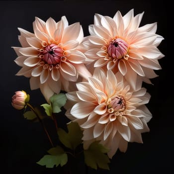 White dahlia flowers on the black background. Flowering flowers, a symbol of spring, new life. A joyful time of nature waking up to life.