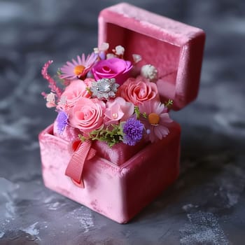 A small pink casket, a box with a colorful small bouquet on a dark background. Flowering flowers, a symbol of spring, new life. A joyful time of nature waking up to life.
