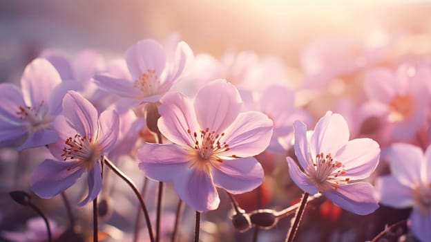 Banner, sun rays falling on white pink flowers growing in a meadow. Sunset. Flowering flowers, a symbol of spring, new life. A joyful time of nature waking up to life.