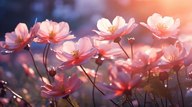 Banner, sun rays falling on white pink flowers growing in a meadow. Sunset. Flowering flowers, a symbol of spring, new life. A joyful time of nature waking up to life.