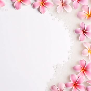 White blank card around an ornament of pink flowers. Flowering flowers, a symbol of spring, new life. A joyful time of nature waking up to life.