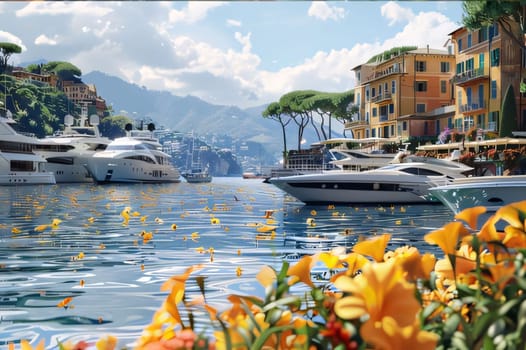 Orange flowers, in the back luxury yachts sailing on the lake. Flowering flowers, a symbol of spring, new life. A joyful time of nature waking up to life.