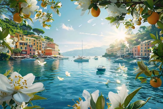 White flowers, orange tree, flowers, in the back luxury yachts sailing on the lake. Flowering flowers, a symbol of spring, new life. A joyful time of nature waking up to life.