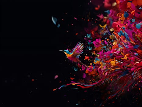 Abstract colorful illustration, colorful flowers, a splash of color and a colorful tiny bird flying out on a black background. Flowering flowers, a symbol of spring, new life. A joyful time of nature waking up to life.