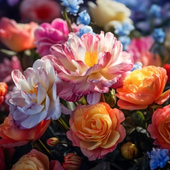 Colorful flowers, petals in the thicket of flower bouquets. Flowering flowers, a symbol of spring, new life. A joyful time of nature waking up to life.