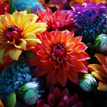 Top view of colorful rainbow heads, flower petals. Flowering flowers, a symbol of spring, new life. A joyful time of nature waking up to life.