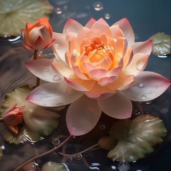 White pink water lily on water, green leaves all around. Flowering flowers, a symbol of spring, new life. A joyful time of nature waking up to life.