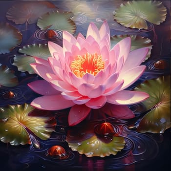 White pink water lily on water, green leaves all around. Flowering flowers, a symbol of spring, new life. A joyful time of nature waking up to life.