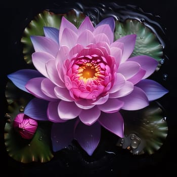 Purple water lily on water, green leaves all around. Flowering flowers, a symbol of spring, new life. A joyful time of nature waking up to life.