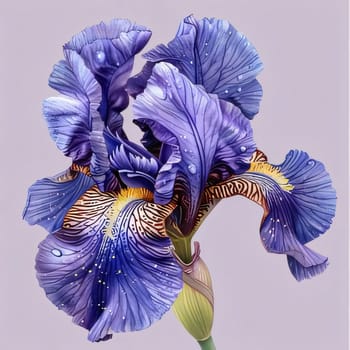 Blue iris flower on a gray isolated background. Flowering flowers, a symbol of spring, new life. A joyful time of nature waking up to life.