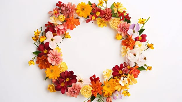 Round wreath of yellow and red flowers on a white background. Frame, space for your own content. Flowering flowers, a symbol of spring, new life. A joyful time of nature waking up to life.