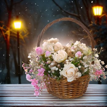 Illustration, wicker basket full of white and pink flowers. Flowering flowers, a symbol of spring, new life. A joyful time of nature waking up to life.