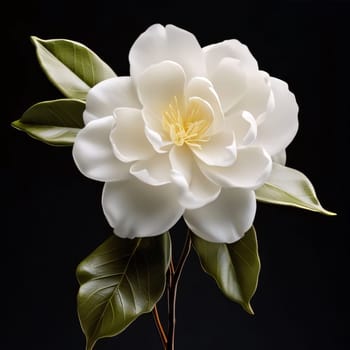 Close-up view of a white flower with green leaves on a black background. Flowering flowers, a symbol of spring, new life. A joyful time of nature waking up to life.