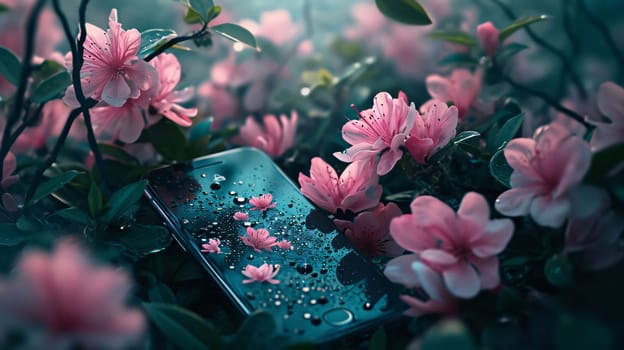 Smartphone screen with dewdrops of water lying around pink flowers green leaves. Flowering flowers, a symbol of spring, new life. A joyful time of nature waking up to life.