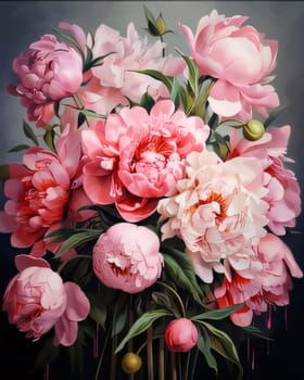 Bouquet of pink flowers with green leaves stems.Flowering flowers, a symbol of spring, new life.A joyful time of nature awakening to life.