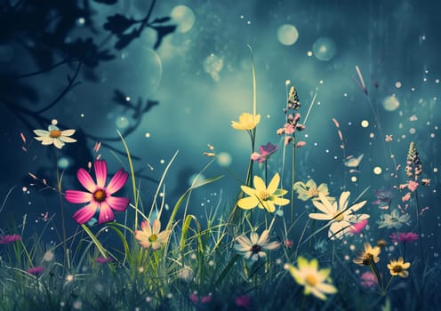 Illustration of colorful flowers grass on greenish background.Flowering flowers, a symbol of spring, new life.A joyful time of nature waking up to life.