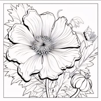 Black and white coloring sheet of a flower with leaves in a frame.Flowering flowers, a symbol of spring, new life.A joyful time of nature waking up to life.