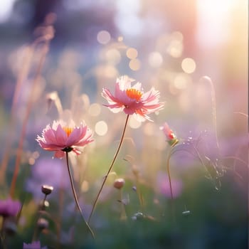 Pink flowers on a background of green grass, blurred bokeh effect in the background.Flowering flowers, a symbol of spring, new life.A joyful time of nature waking up to life.