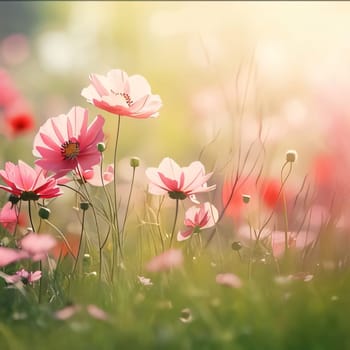 Pink flowers on a background of green grass, blurred bokeh effect in the background.Flowering flowers, a symbol of spring, new life.A joyful time of nature waking up to life.