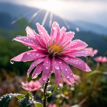 Tall pink flower with raindrops, dew, water on smudged green background.Flowering flowers, a symbol of spring, new life.A joyful time of nature waking up to life.